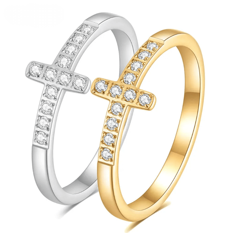 Christian cross ring with diamonds