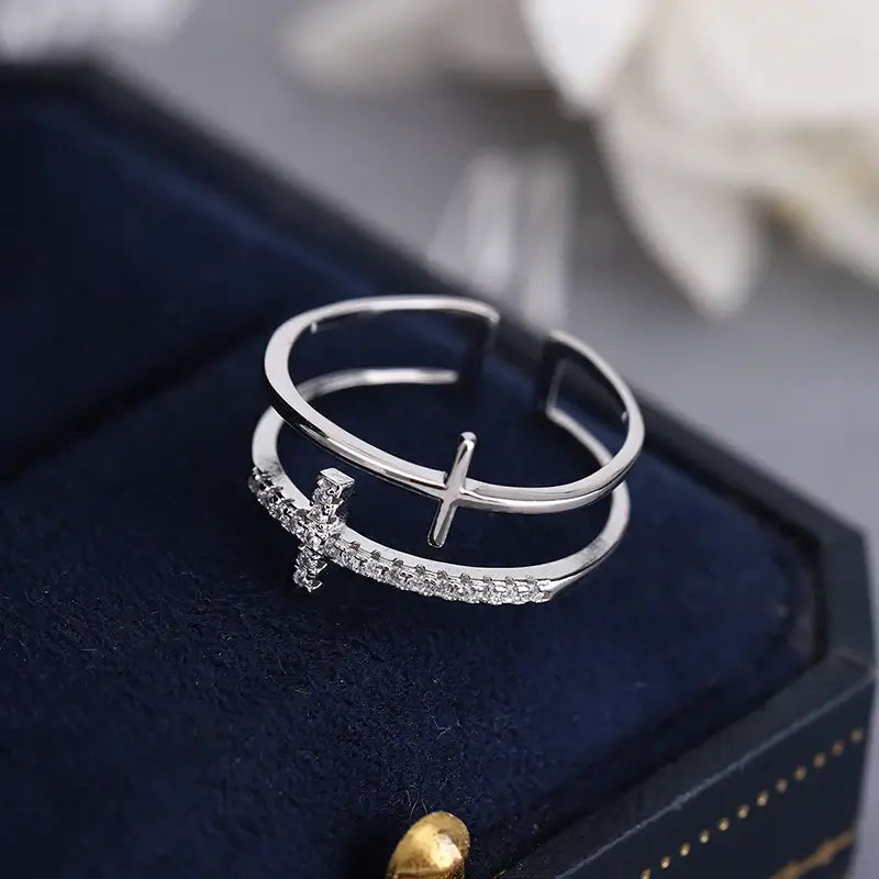 Double Christian cross ring with diamonds