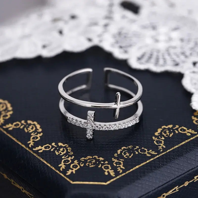 Double Christian cross ring with diamonds