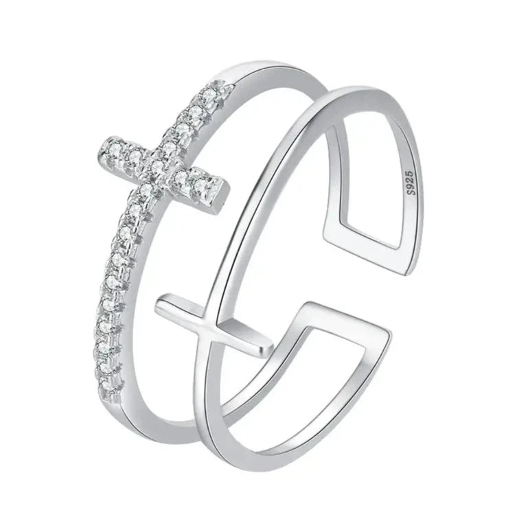 Double Christian cross ring with diamonds