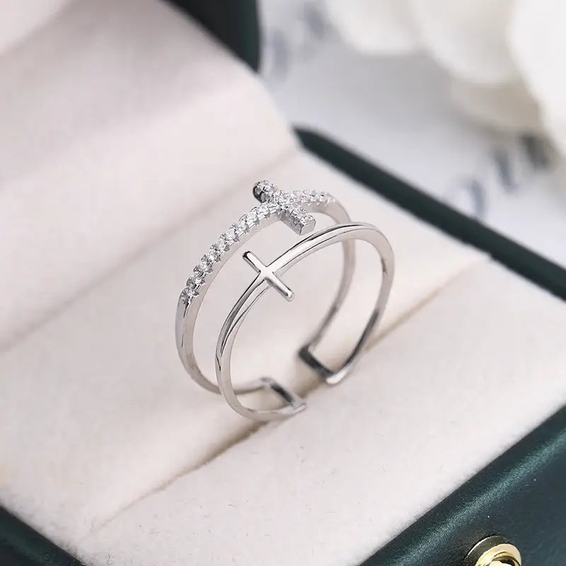 Double Christian cross ring with diamonds