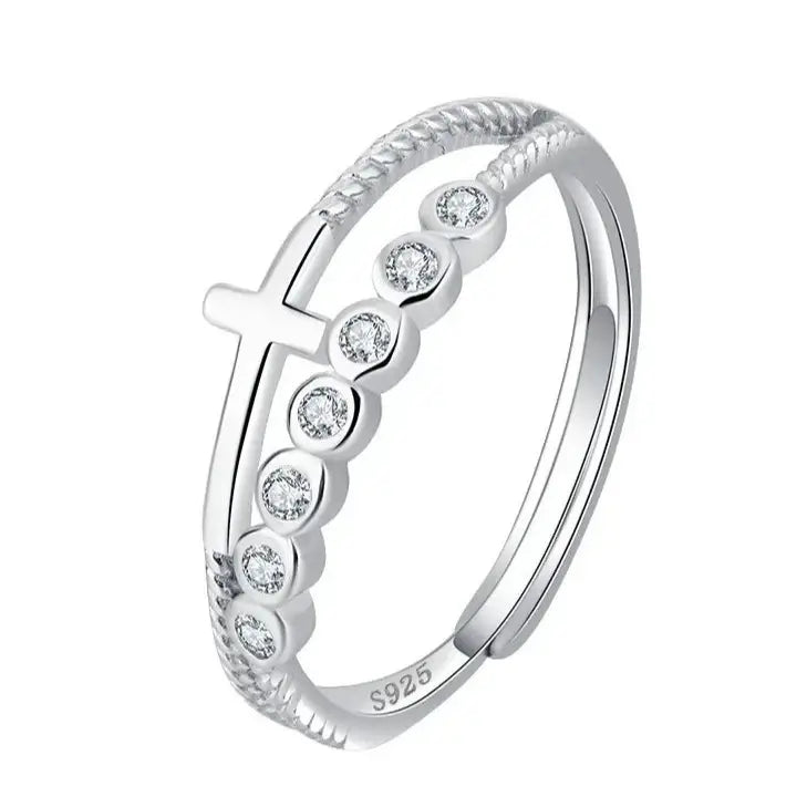 Double-layer Christian cross ring with diamonds