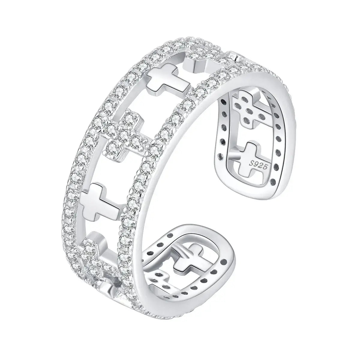 Double-ring with Christian cross and diamonds