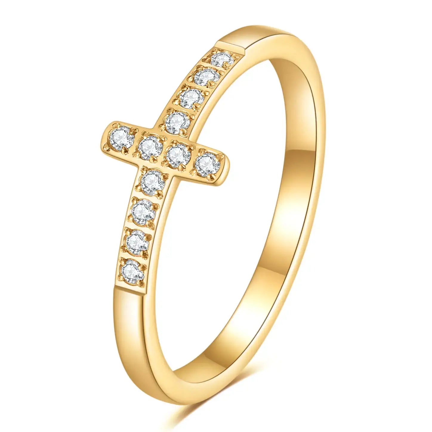 Gold Christian cross ring with diamonds