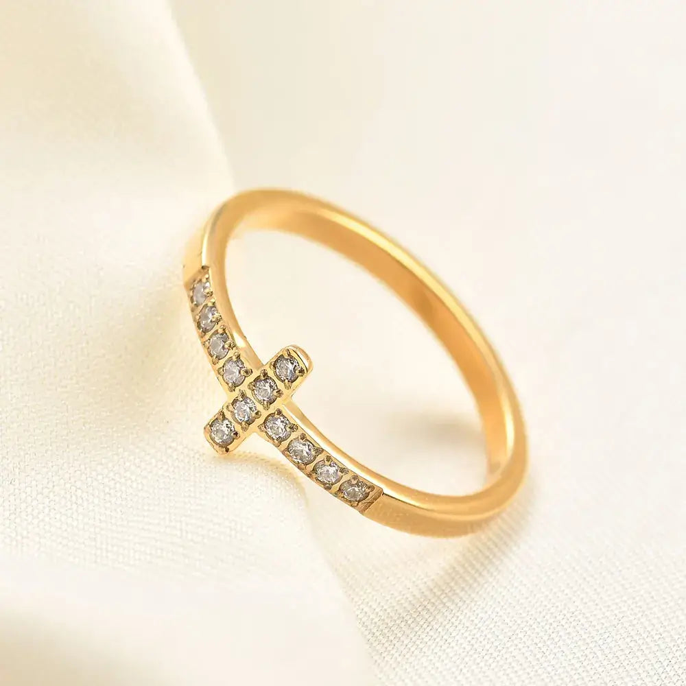 Gold Christian cross ring with diamonds