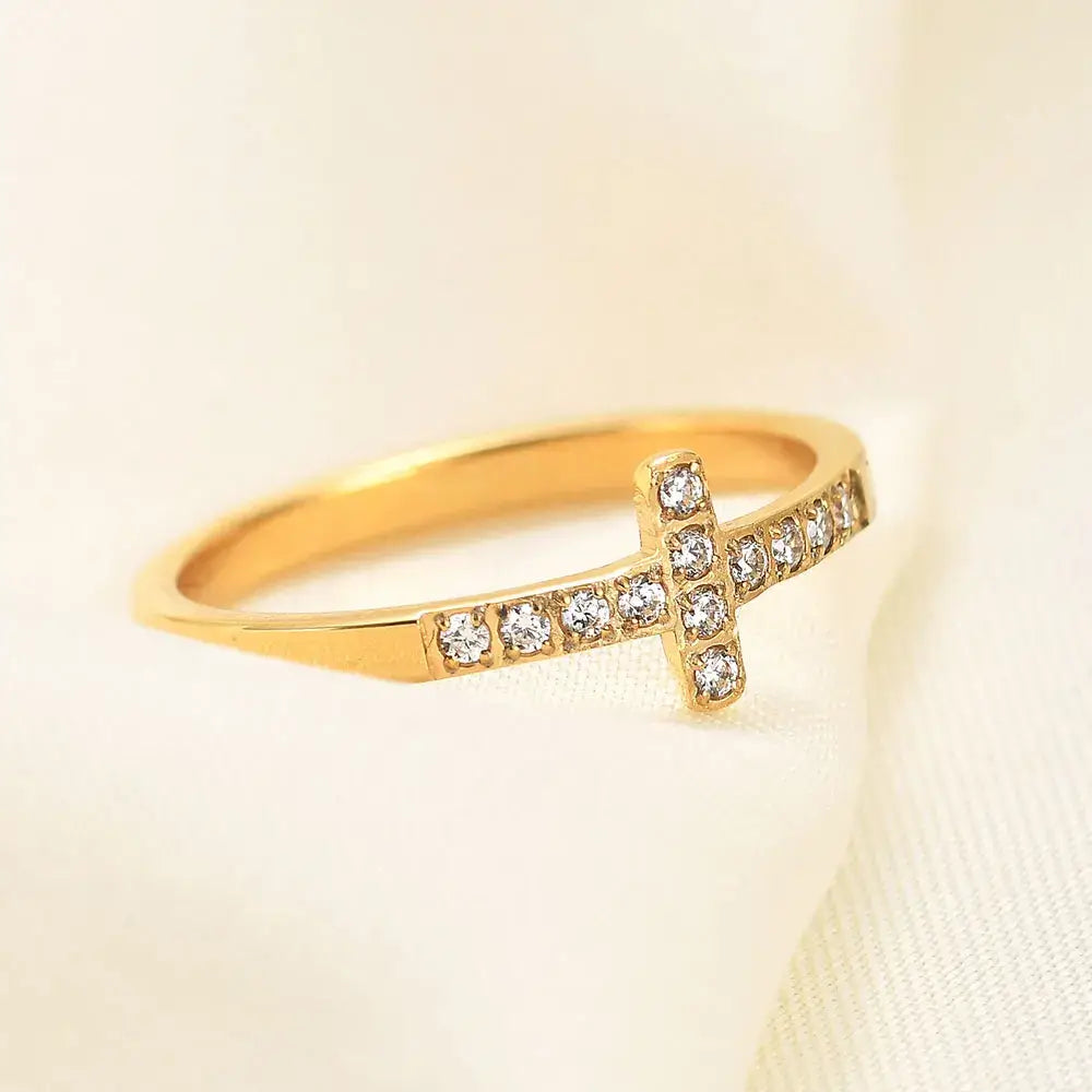 Gold Christian cross ring with diamonds