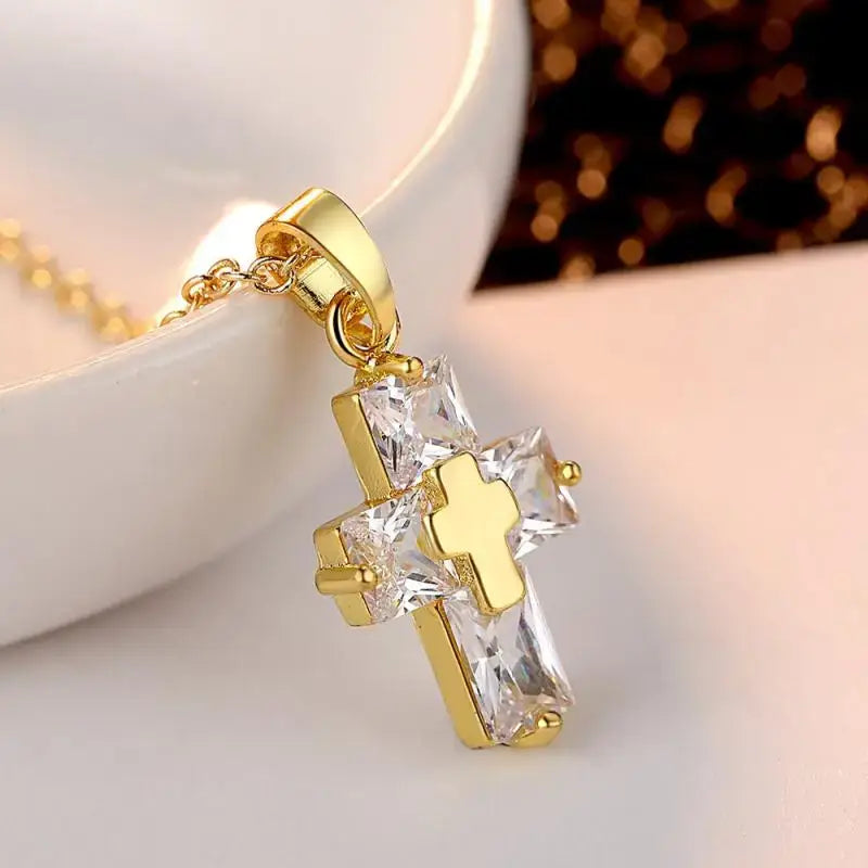 Gold Crystal christian Cross Pendant Necklace