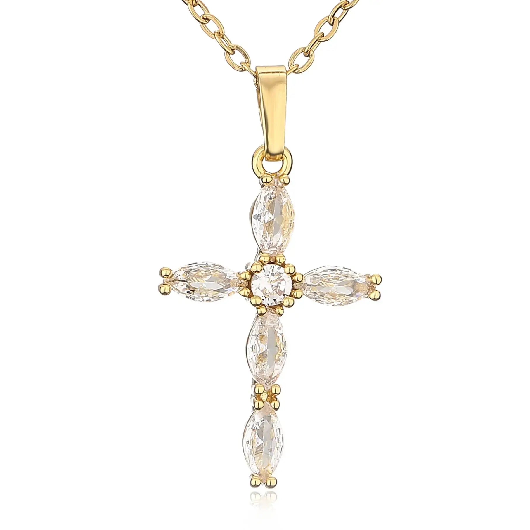 Gold plated christian cross necklace with diamonds