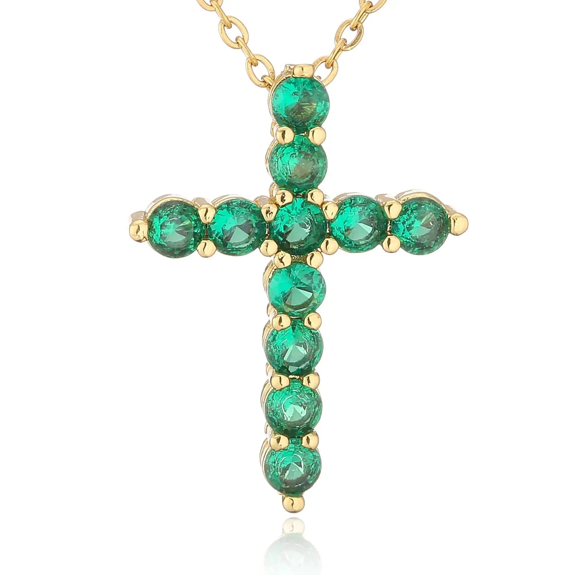 Gold plated christian cross necklace with emerald