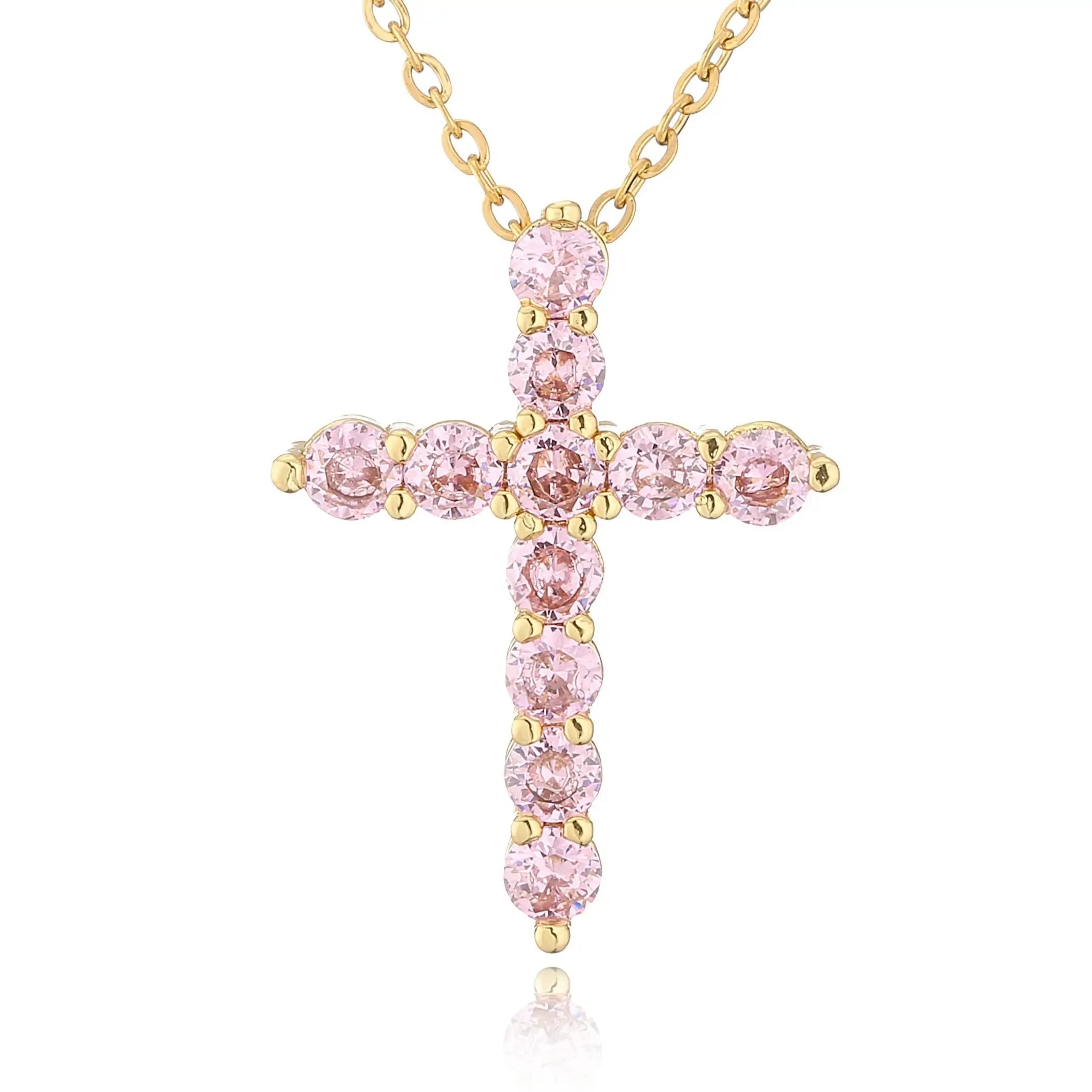 Gold plated christian cross necklace with pink quartz