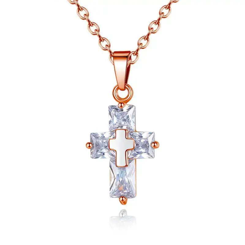 Pink gold Crystal christian Cross Pendant Necklace