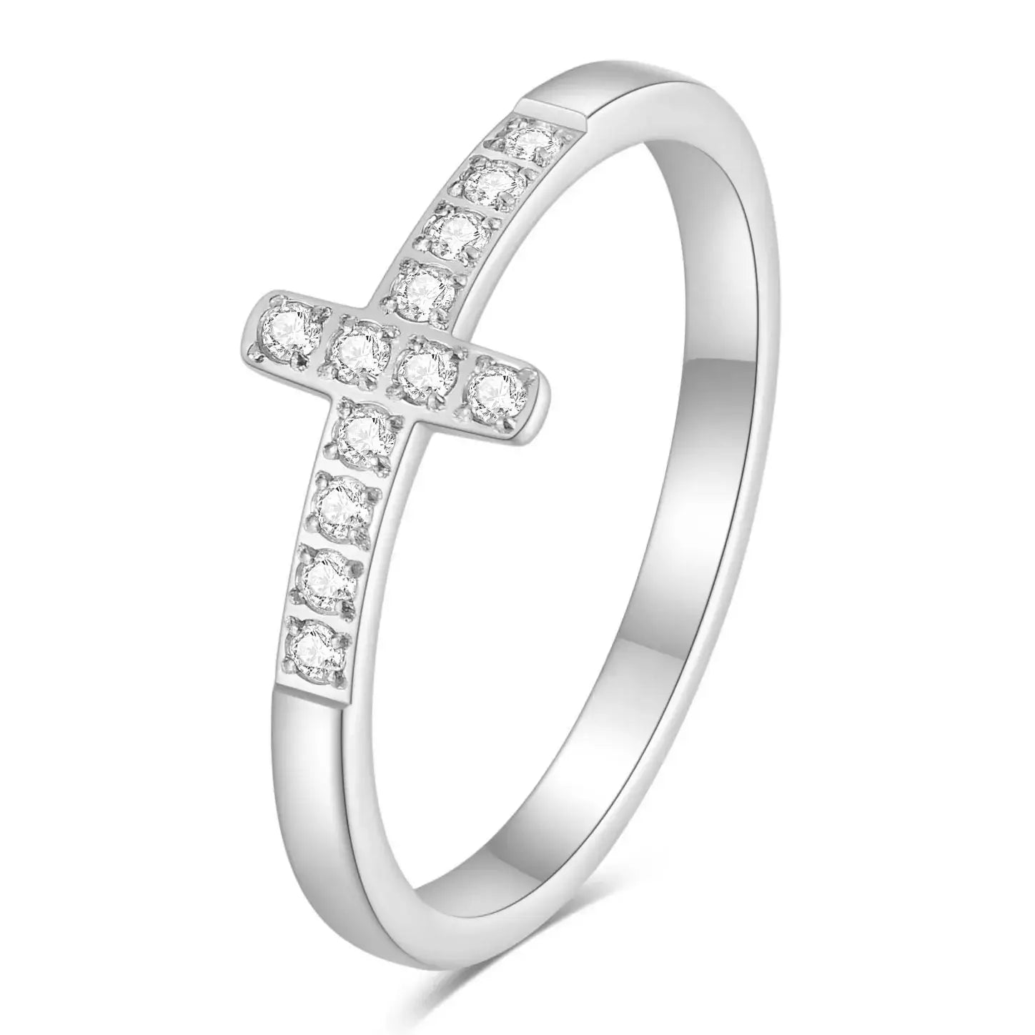 Silver Christian cross ring with diamonds