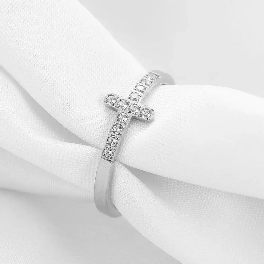 Silver Christian cross ring with diamonds