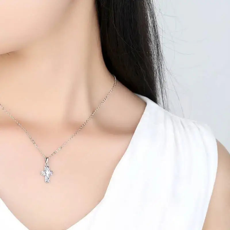 Crystal christian Cross Pendant Necklace on woman