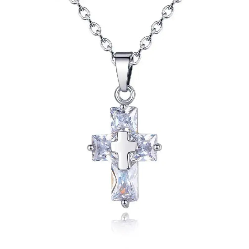 Silver Crystal christian Cross Pendant Necklace