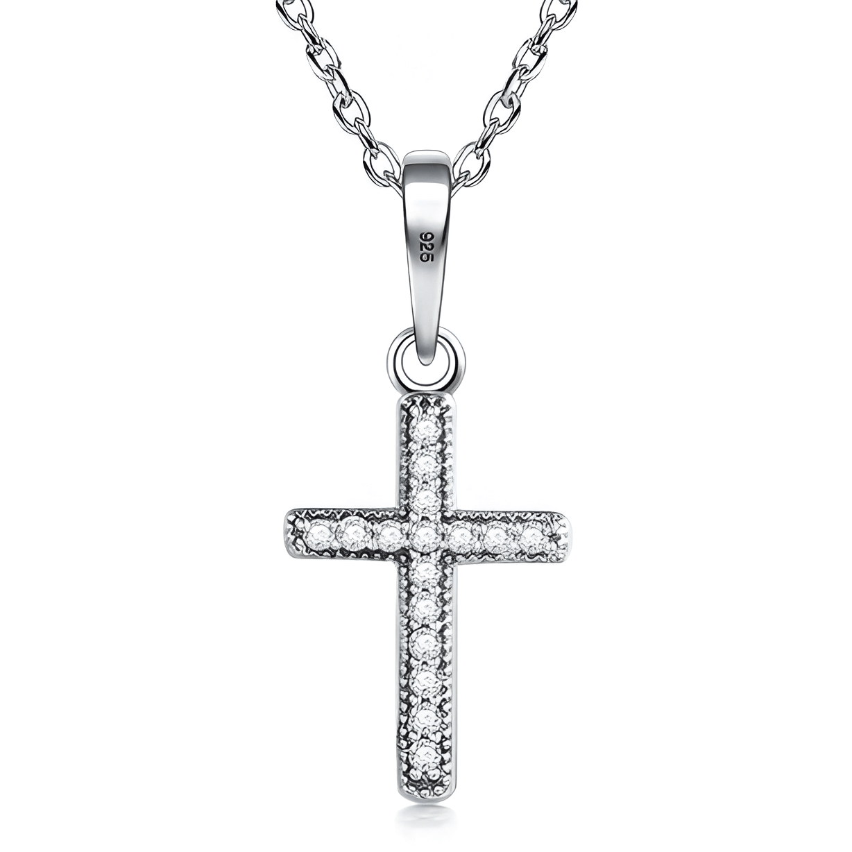 Silver cross pendant necklace with diamonds