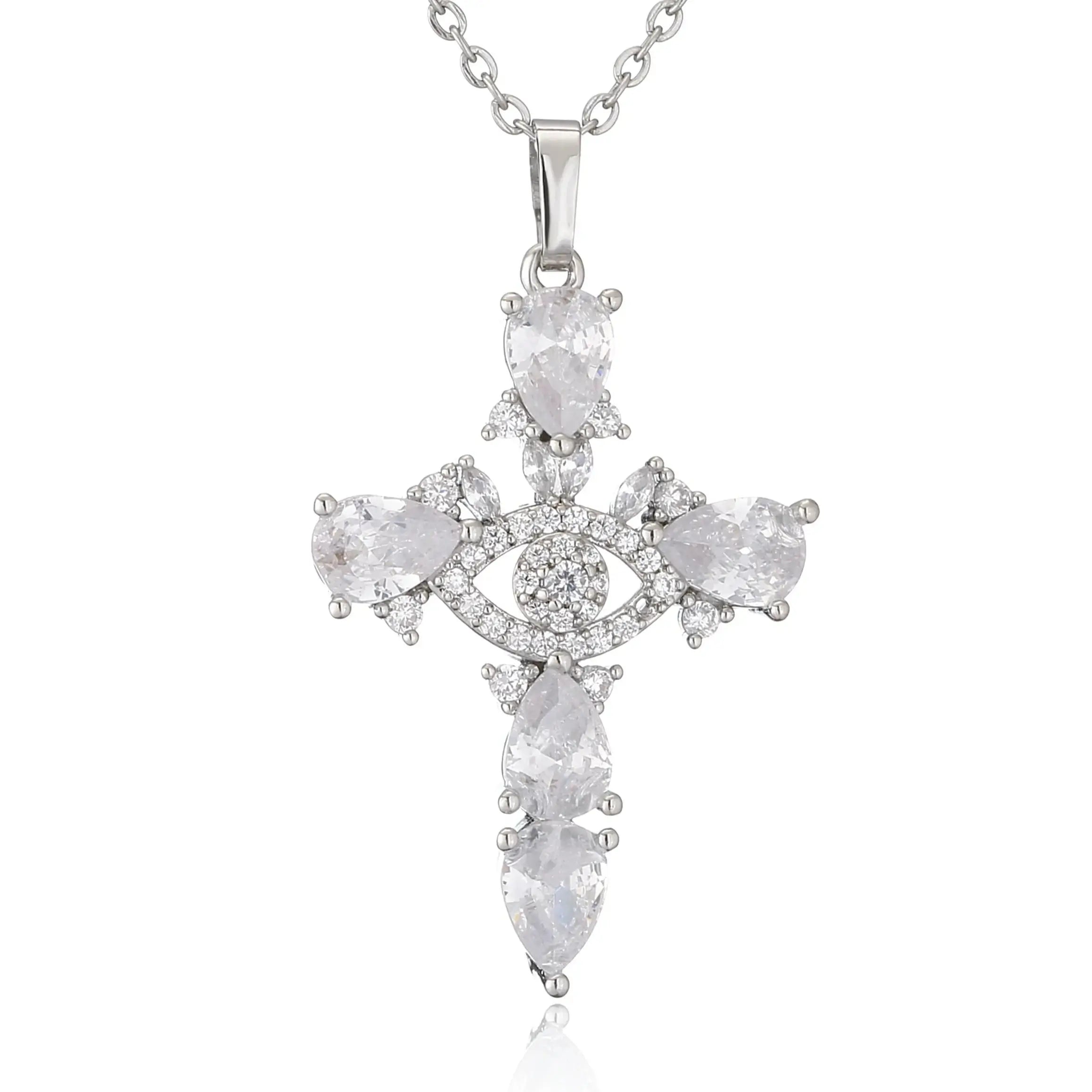 Silver plated christian cross necklace with diamonds