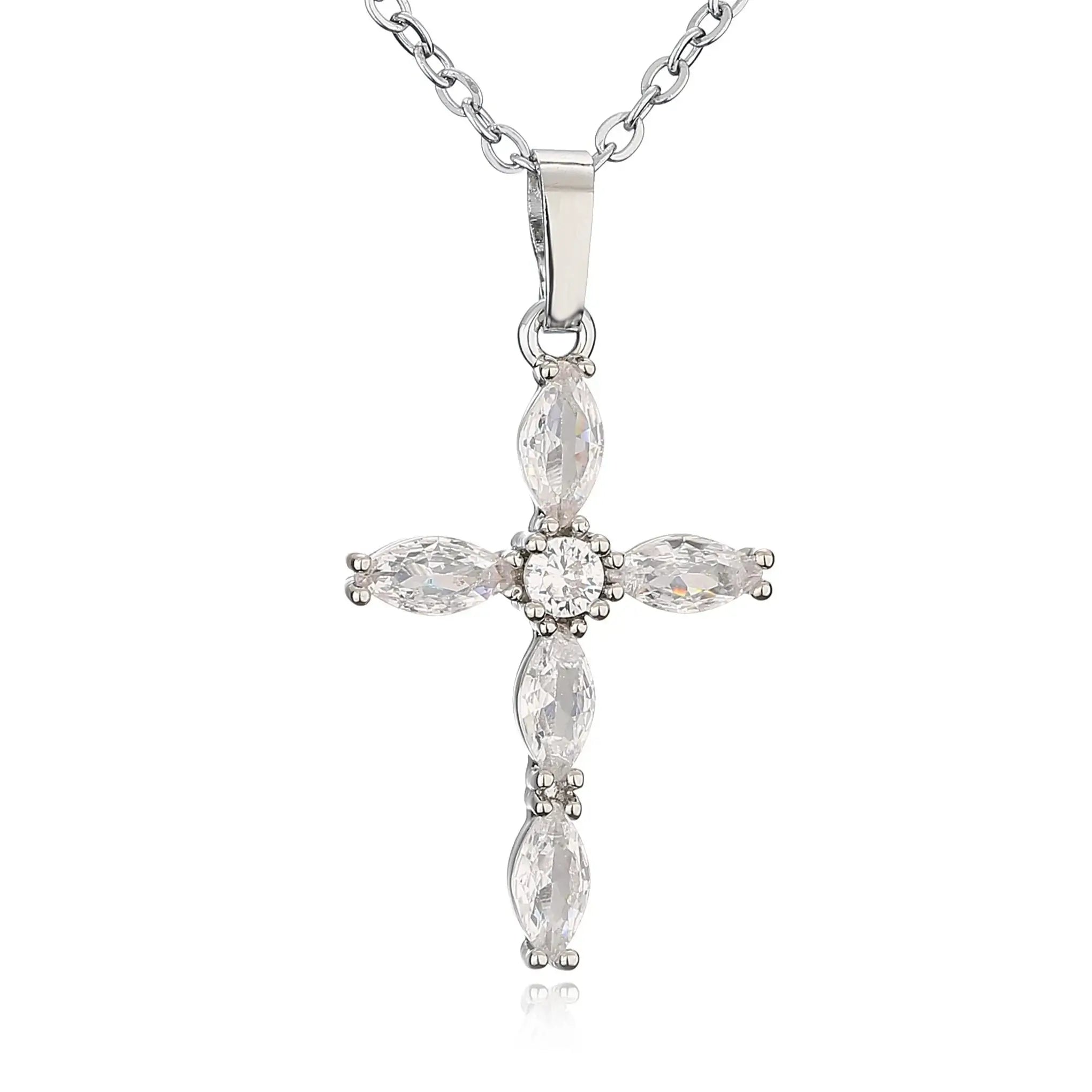 Silver plated christian cross necklace with diamonds