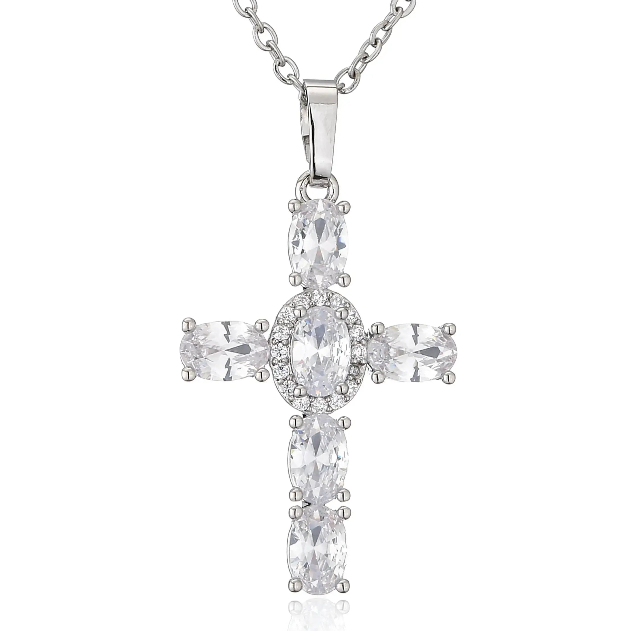 Silver plated christian cross necklace with diamonds