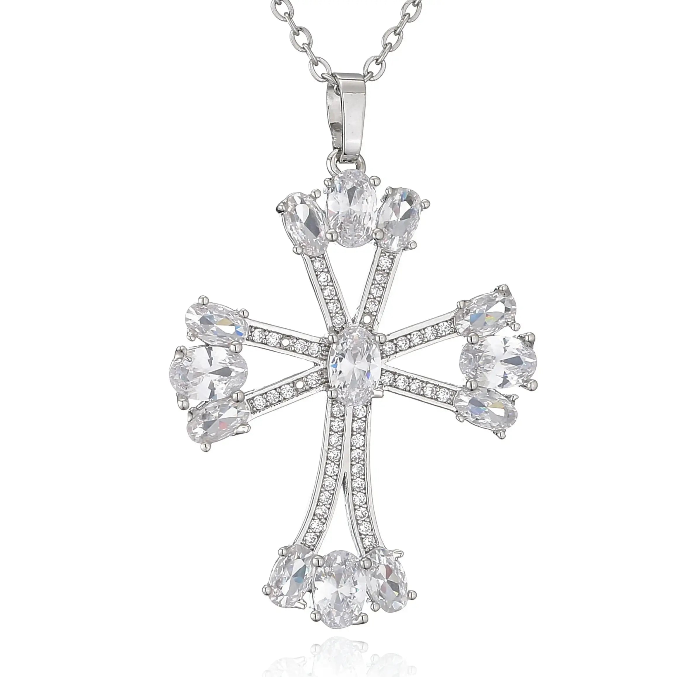 Silver plated christian cross necklace with diamonds