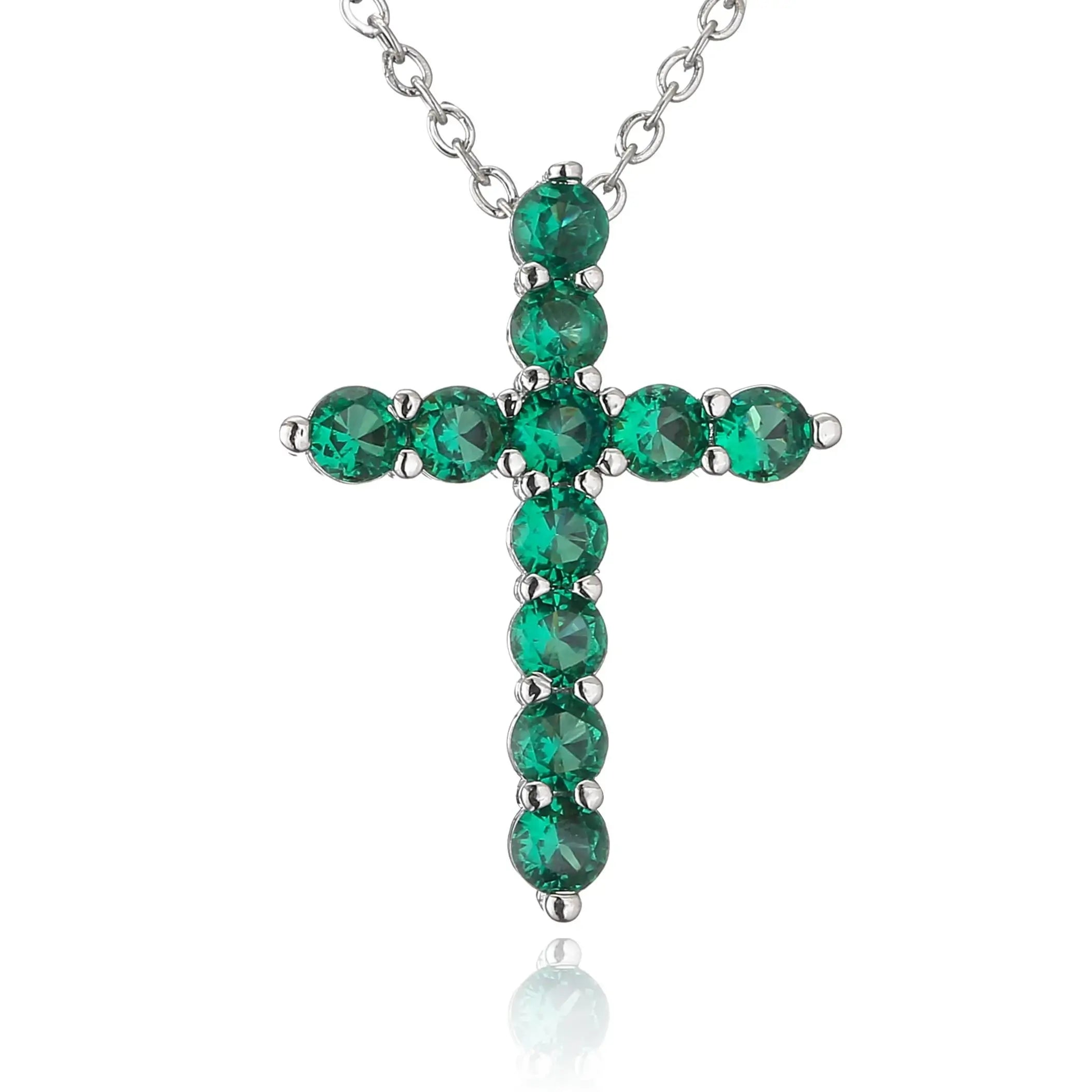 Silver plated christian cross necklace with emerald