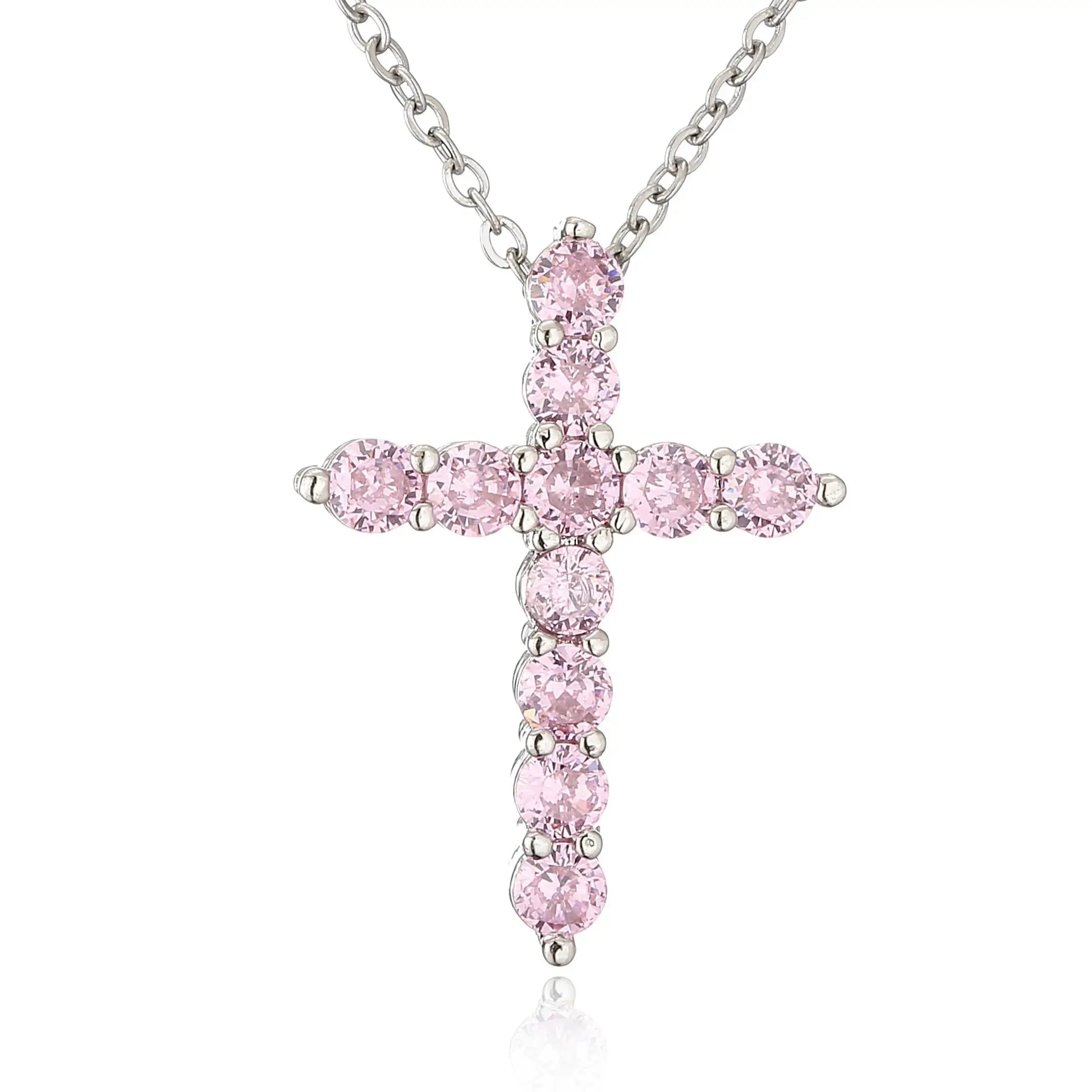 Silver plated christian cross necklace with pink quartz